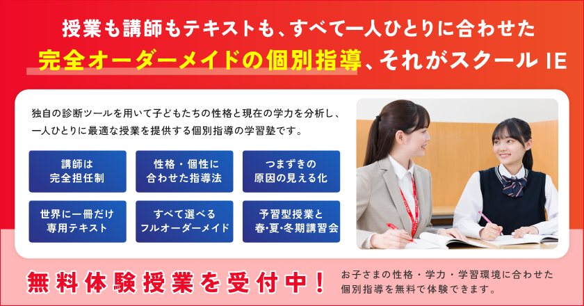 授業も講師もテキストも、すべて一人ひとりに合わせた完全オーダーメイドの個別指導、それがスクールIE